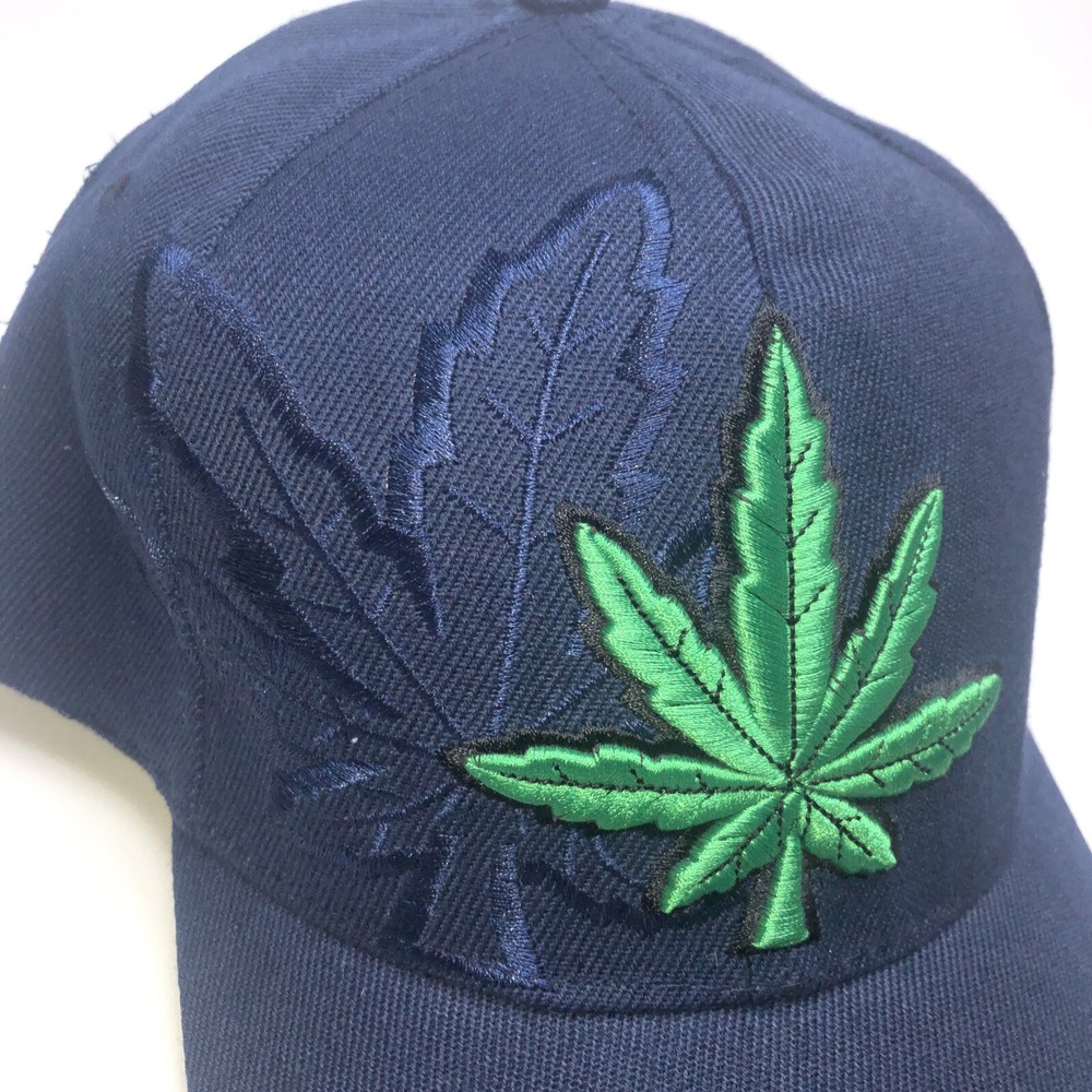 Baseball Cap Embroidered Marijuana Green Leaf Weed Pot Adjustable Blue Hat - Picture 2 of 7